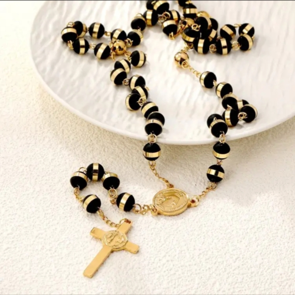 Stainless Steel Black And Gold Color Rosary Necklace. Great Christmas 🎄 Present